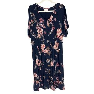 J Jill Dress Womens Medium Petite Navy Floral Rayon V-neck Buttons Pockets Midi